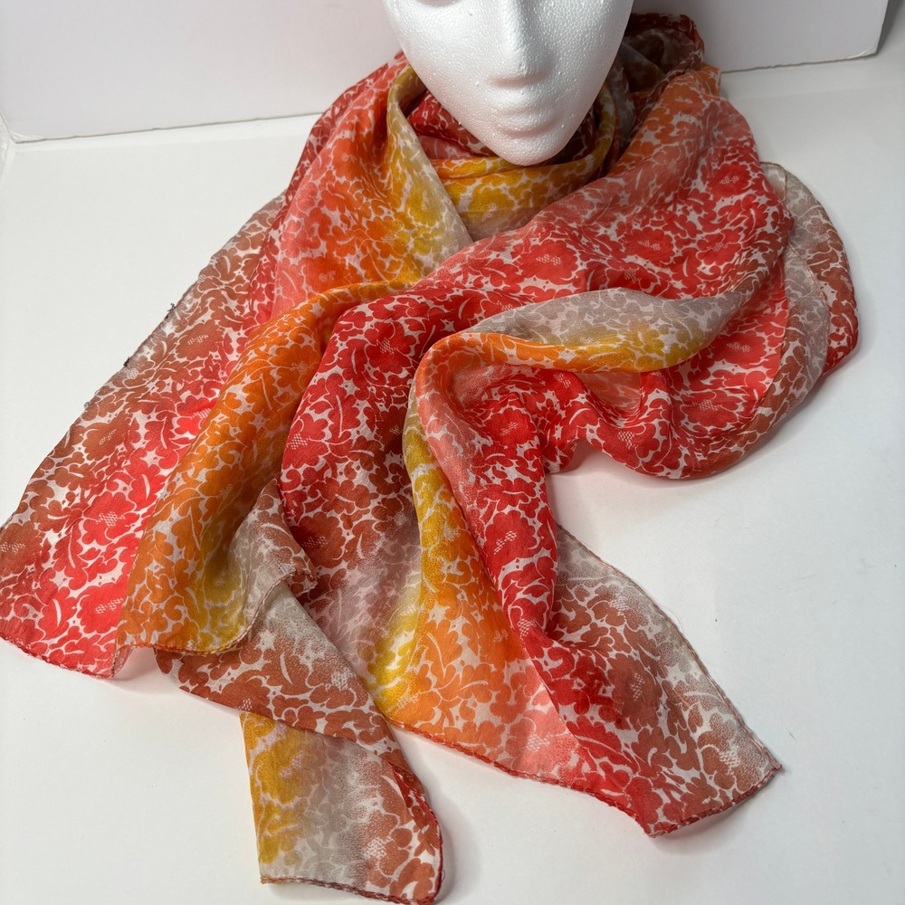 VTG Floral Silk Rectangle Scarf Ombre Red Orange Yellow Sunset Print Sheer Fairy